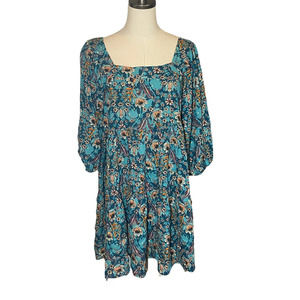 BOG Collective Tunic Viscose Teal Blouse Scoop Neck Blouson Sleeves